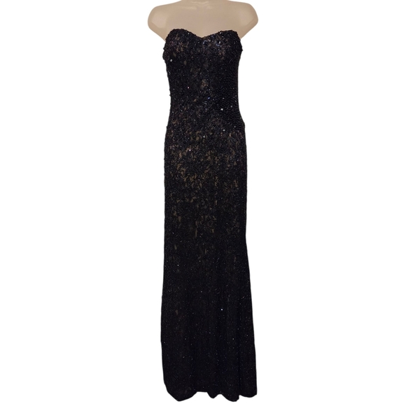 La Femme Strapless Sequin Gown 20943 Black Silver Prom Formal Open Back Size 2 - Picture 3 of 13